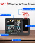 Projection Alarm Clock For Bedroom Ceiling With Indoor Outdoor Temperature And Humidity Weather Station Forecast Dope Easy Setup Adjustable Red Projector Backlight Black showing time, temperature, and weather on display