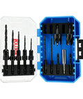 Badass 15 Piece Countersink Drill Bit Set For Woodworking DIY Crews in a blue storage case showing bits and tapered plug cutters.