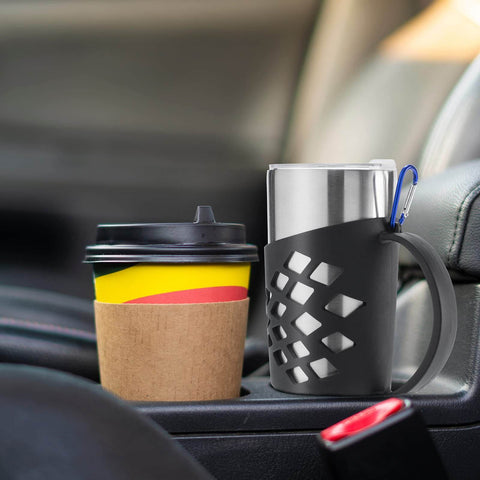 Durable Silicone Tumbler Sleeve With Handle For 20 Oz Cups No Slip Grip Insulated Protective Cover on travel mug in car