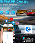 All In One Mirror Dash Cam For Car With Crisp 4K Front And 2.5K Rear IMX335, ADAS BSD LCA, WiFi App, shown with phone app interface.