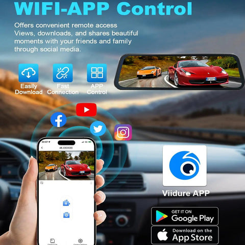 All In One Mirror Dash Cam For Car With Crisp 4K Front And 2.5K Rear IMX335, ADAS BSD LCA, WiFi App, shown with phone app interface.