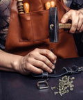 Tough Stainless Chicago Screws 110 Piece Kit, hammering screw into leather with fasteners and tools for crafting.