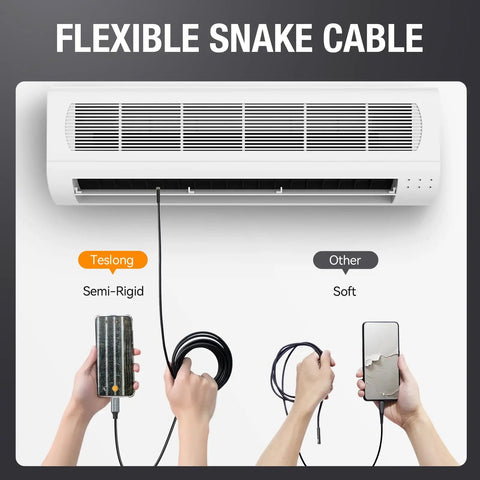 USB C Endoscope Camera With Light showing flexible semi-rigid snake cable for inspections with phone connection.