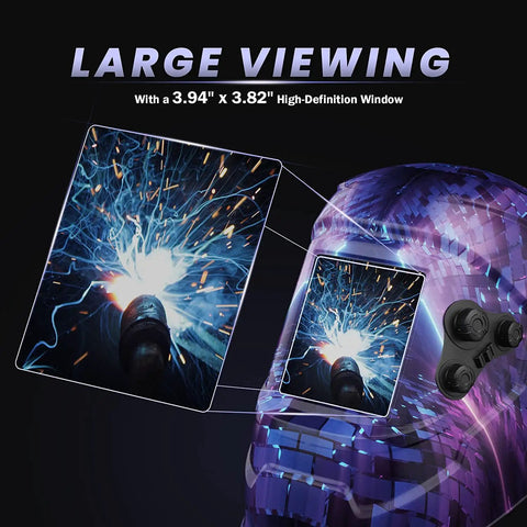 Pro Grade Auto Darkening Welding Helmet With Large 3.94 By 3.82 Inch Viewing Screen Four Arc Sensors, welding sparks close-up
