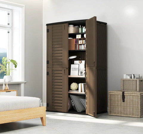 All Weather Outdoor Storage Cabinet For Backyards And Patios in a room with open doors showing shelves and items stored inside