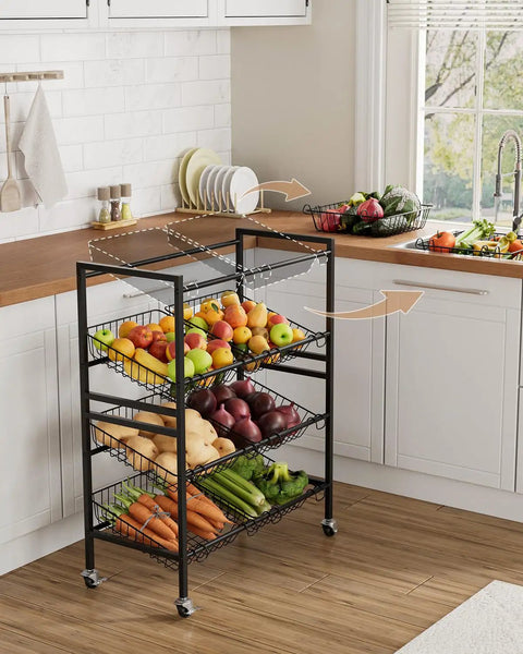 25.2 Inch Wide Kitchen Storage Cart With Four Tier Basket System Rolling Metal Pantry Organizer Removable Baskets For Onion And Potato Storage Fruits And Veggies Black, positioned in a kitchen with fruits and vegetables