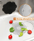 Five Pack Flower Shaped Silicone Hair Catcher Shower Drain Cover With Strong Suction Cups Killer Clog Stopper For Kitchen Bathroom Tub in a sink with vegetables.