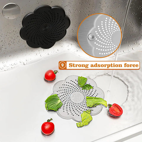 Five Pack Flower Shaped Silicone Hair Catcher Shower Drain Cover With Strong Suction Cups Killer Clog Stopper For Kitchen Bathroom Tub in a sink with vegetables.