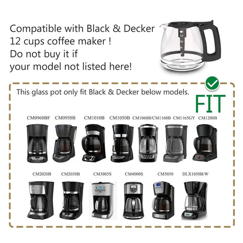 Replacement Glass Coffee Carafe For 12 Cup Coffee Makers With Black Handle Compatible With CM1160B CM0960BF CM0950B CM1010B image.