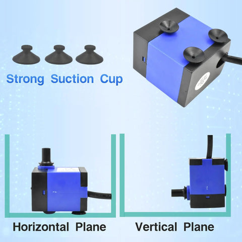Beast Submersible Pump 92GPH 5W Adjustable Flow, blue pump with suction cups, horizontal and vertical plane view