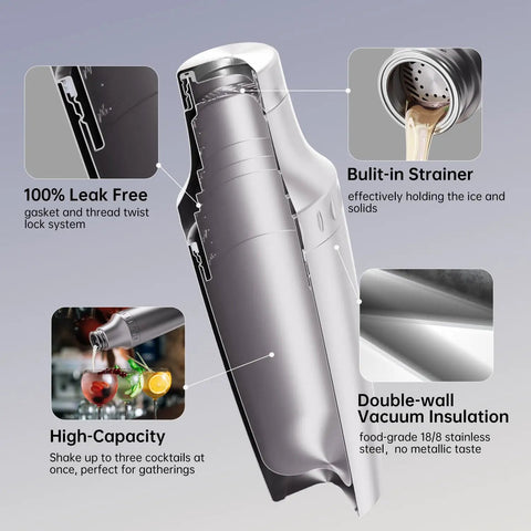 Diagram of Hybrid Cocktail Shaker Set With Vacuum Insulated Double Wall Stainless Steel Construction showcasing features
