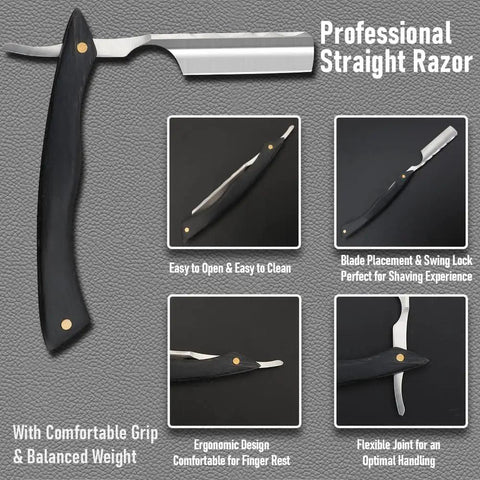 Premium Straight Razor And Leather Shaving Strop Set With Sharp Stainless Steel Blade And Smooth Wooden Handle For Men, showcasing ergonomic design and comfortable grip.