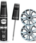 Heavy Duty Silver Wheel Repair Touch Up Paint Kit That Eases Off Stubborn Curb Rash And Road Scuffs Fast While Sealing Aluminum Rims Against Rust So Your Ride Stays Mint, includes paint pen and matching wheel.