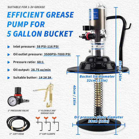 Air Operated 60 To 1 Grease Pump With Dual Grease Gun Couplers for 5 Gallon Buckets, high-pressure hose, control valve, PSI details