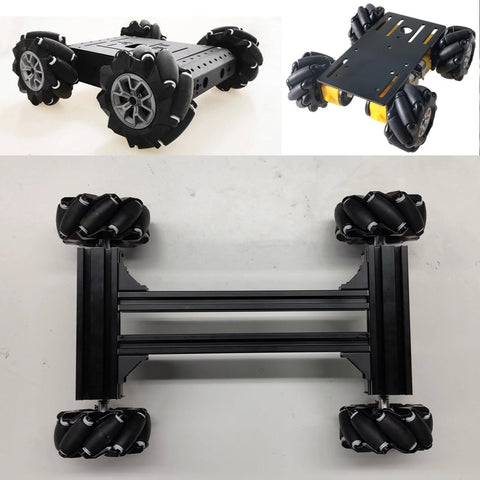 60mm Mecanum wheels; four omnidirectional wheels mounted on a black robot chassis