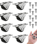 8 Pack Mini Casters 1/2 Inch Low Profile Fixed Caster Wheels With Screws, silver metal and black wheels for furniture