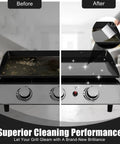 Before and after of flat top grill cleaned with Heavy Duty Grill And Griddle Scraper With Wide Blade And Comfortable Handle For Blackstone