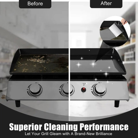 Before and after of flat top grill cleaned with Heavy Duty Grill And Griddle Scraper With Wide Blade And Comfortable Handle For Blackstone