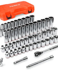 55 Piece Three Eighths Inch Drive Master Impact Socket Set With Shallow And Deep Sockets SAE And Metric Premium CR-V Steel Construction