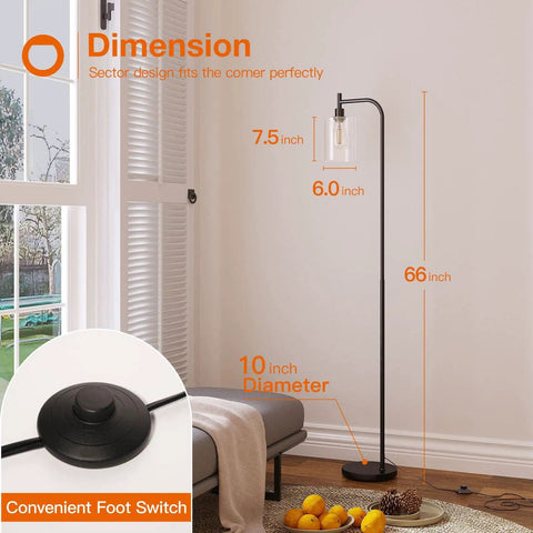 Bright Floor Lamp For Living Room With Glass Shade And LED Bulbs Industrial Tall Pole Standing Lamp For Bedroom Or Office Black Finish Modern Sleek Design