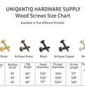Pack Of Twenty Five 6 By 5 8 Inch Antique Copper Flat Head Phillips Wood Screws Featuring Self Tapping Steel Construction For Flush Cabinet Install And Smooth Woodworking Jobs That Bring Badass Vibe And Real Deal Strength size chart showing brass, antique brass, black, antique copper, and nickel finishes.