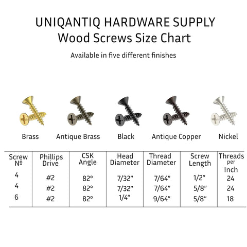 Pack Of Twenty Five 6 By 5 8 Inch Antique Copper Flat Head Phillips Wood Screws Featuring Self Tapping Steel Construction For Flush Cabinet Install And Smooth Woodworking Jobs That Bring Badass Vibe And Real Deal Strength size chart showing brass, antique brass, black, antique copper, and nickel finishes.