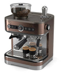 Semi Automatic Espresso Machine With Drip Free Barista Creations 58 Millimeter Portafilter dual bean holder and One Touch Americano button viewed from the front.