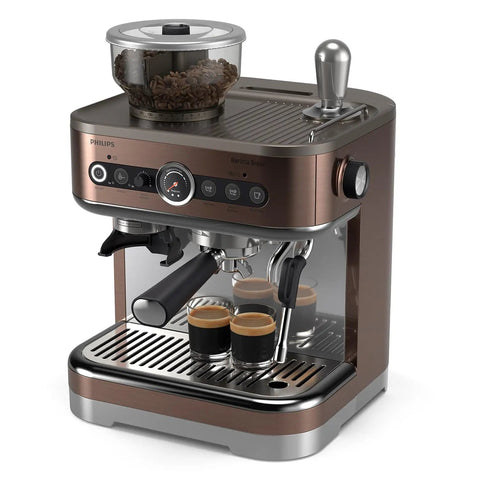 Semi Automatic Espresso Machine With Drip Free Barista Creations 58 Millimeter Portafilter dual bean holder and One Touch Americano button viewed from the front.