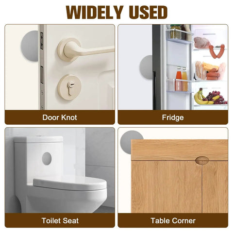Gray Silicone Door Handle Buffer Guards 4 Pack self adhesive wall protectors on doors, fridge, toilet, and table corner.