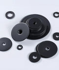 Tough As Nails 300 Pack M6 Flat Washers Made From Black Oxide 304 Stainless Steel With Precision 6.4Mm Inner Diameter And 11.57Mm Outer Diameter For Screws And Bolts Heavy Duty Hardware No Fluff, assorted sizes on a light surface.