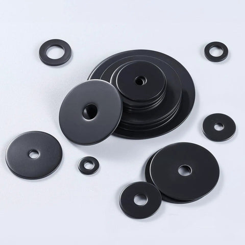 Tough As Nails 300 Pack M6 Flat Washers Made From Black Oxide 304 Stainless Steel With Precision 6.4Mm Inner Diameter And 11.57Mm Outer Diameter For Screws And Bolts Heavy Duty Hardware No Fluff, assorted sizes on a light surface.