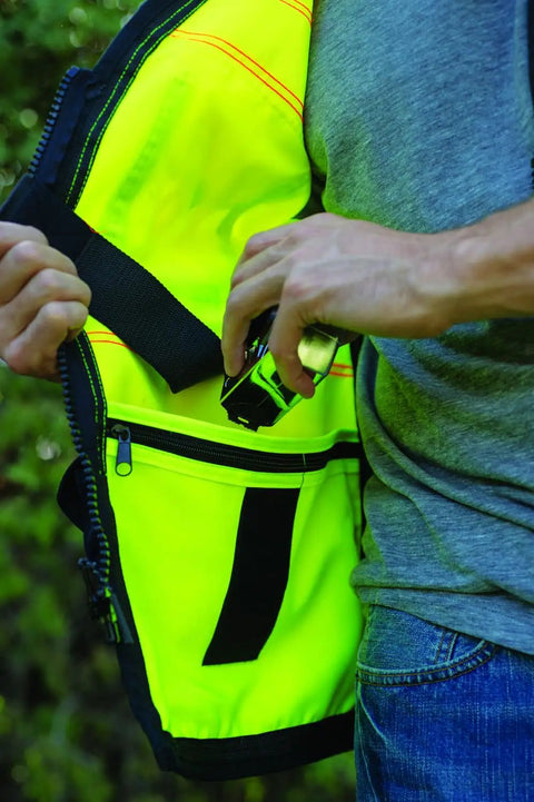 Mens Premium Surveyor Vest Class 2 Hi Vis Safety Vest Ten Roomy Pockets Heavy Duty Zip Rock Solid High Visibility Workwear Built Tough For The Daily Grind Large Lime And Black, showing inner pocket details.