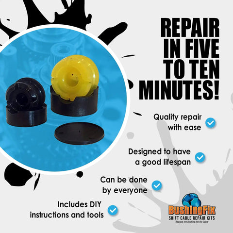 FM1KIT Manual Transmission Shift Cable Bushing Repair Kit with yellow and black bushings on blue background