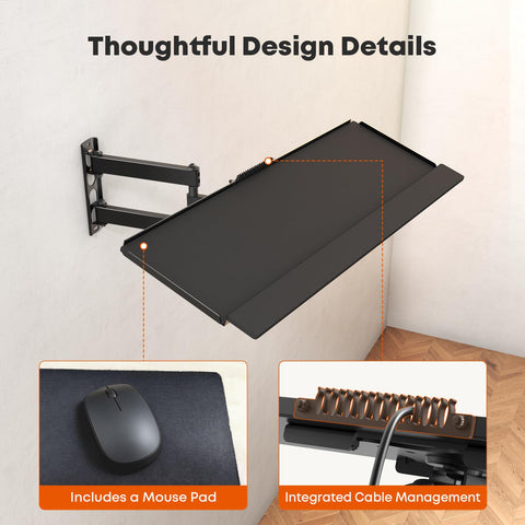 Heavy Duty Wall Mount Keyboard Tray With Adjustable Articulating Arm And Expanded Metal Deck showing mouse pad and cable management.