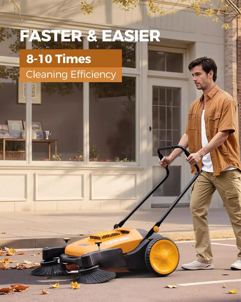 Man using Heavy Duty Manual Walk Behind Floor Sweeper With 41 Inch Wide Cleaning Path For Warehouses Non Electric Broom on sidewalk.