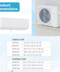 Product dimensions for Top Shelf 36000 BTU Tri Zone Mini Split Air Conditioner with indoor and outdoor unit specifications.
