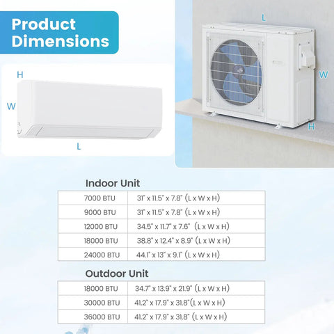 Product dimensions for Top Shelf 36000 BTU Tri Zone Mini Split Air Conditioner with indoor and outdoor unit specifications.