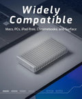 NVMe SSD Enclosure With USB4 Thunderbolt Compatibility, aluminum heatsink for Mac, PC, iPad Pro on desk, top view