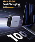 GaN 100W USB C Charger With Four Ports, Ultra Compact Foldable Power Adapter For Laptops and Phones On the Go, Fast 100W Charging For MacBook Pro and Air, iPad Pro, iPhone 17 16 15 Series, Galaxy S25 S24, Pixel 10 9, Steam Deck, Pixelbook. 4-port charger with MacBook Air M2 connected
