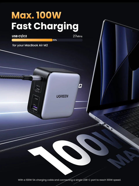 GaN 100W USB C Charger With Four Ports, Ultra Compact Foldable Power Adapter For Laptops and Phones On the Go, Fast 100W Charging For MacBook Pro and Air, iPad Pro, iPhone 17 16 15 Series, Galaxy S25 S24, Pixel 10 9, Steam Deck, Pixelbook. 4-port charger with MacBook Air M2 connected