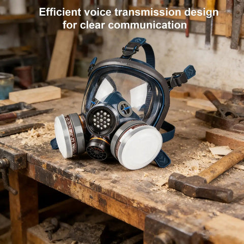 Full Face Gas Mask Respirator With Active Carbon Filter For Dust, Gas And Chemical Protection on a workbench