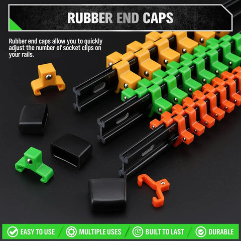 18 Piece Socket Organizer Set With Quarter Inch 96 Clips Three Eighths Inch 90 Clips And Half Inch 72 Clips For Tool Box Drawer Drive Socket Trays Color Coded For SAE And Metric Sockets Heavy Duty ABS Plastic, featuring colored end caps and clips displayed.
