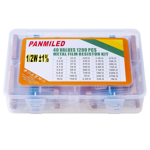 40 Value Resistor Kit With Twelve Hundred Pieces 0.5W Metal Film Resistors From 1 Ohm To 1M Ohm in a plastic storage box