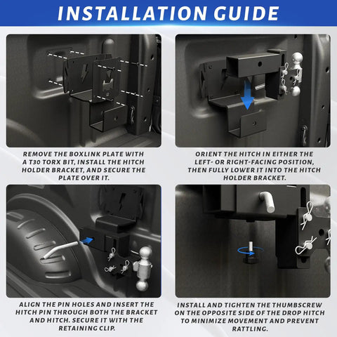 Installation guide for Built Tough Ford Boxlink Hitch Holder For Truck Bed 2 Inch Receiver Bracket with steps and visual details.