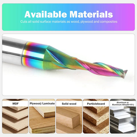 Upcut Spiral Router Bit With 1/8 Inch Cutting Diameter And 1/4 Inch Shank, Carbide CNC End Mill displayed with colorful TAC coating