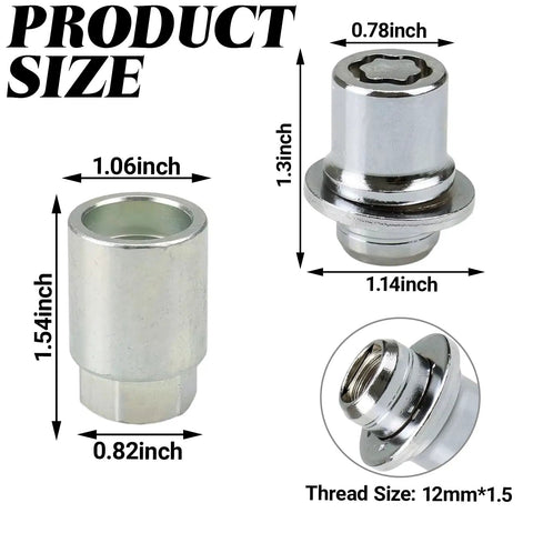 Beefy Anti Theft Wheel Lock Lug Nuts, M12 X 1.5 Chrome Plated Security Fasteners With Custom Cut Key, four piece set dimensions.