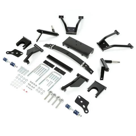Six Inch Double A Arm Golf Cart Lift Kit Compatible With Club Car Precedent And Tempo Electric Or Gas heavy-duty steel parts laid out on white background.