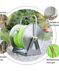 Heavy Duty Wall Mount Metal Garden Hose Reel Featuring Legit Stainless Steel Storage Rack, green hose and brass fittings.