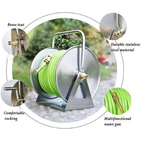 Heavy Duty Wall Mount Metal Garden Hose Reel Featuring Legit Stainless Steel Storage Rack, green hose and brass fittings.