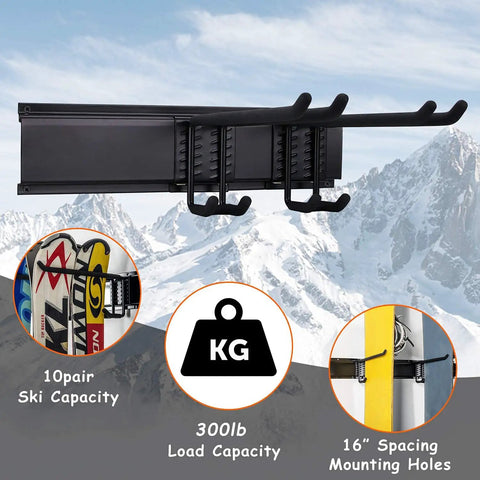 24 Inch Wall Mounted Ski Rack With 10 Storage Attachments Holds Up To 300lbs Heavy Duty Powder Coated Steel With Rubber Coating